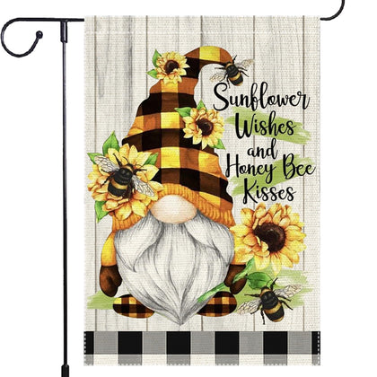 RMXJKIIU garden flag close-up with gnome, sunflowers, and bees adds outdoor charm.