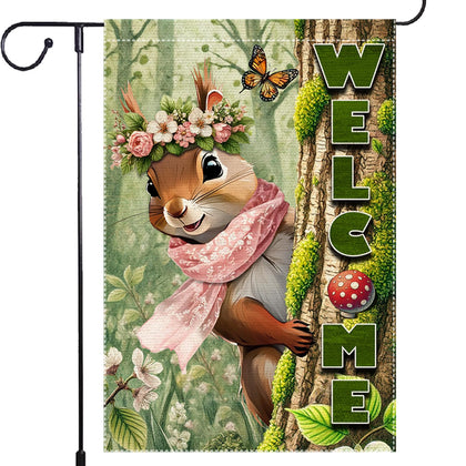 RMXJKIIU garden flag front view shows durable two-layer burlap with fade-resistant outdoor print.