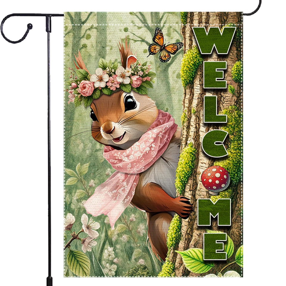 RMXJKIIU garden flag front view shows durable two-layer burlap with fade-resistant outdoor print.