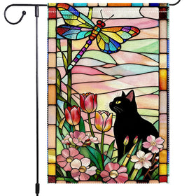 RMXJKIIU stained glass flag with cat, butterfly and flowers brightens the garden