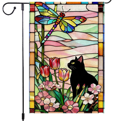 RMXJKIIU stained glass flag with cat, butterfly and flowers brightens the garden