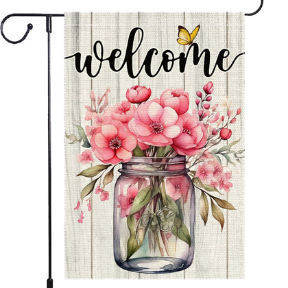 RMXJKIIU Welcome Butterfly mason jar flag shows vibrant pink blooms for curb appeal