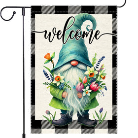 RMXJKIIU welcome flag with a blue-hat dwarf greets guests in the garden