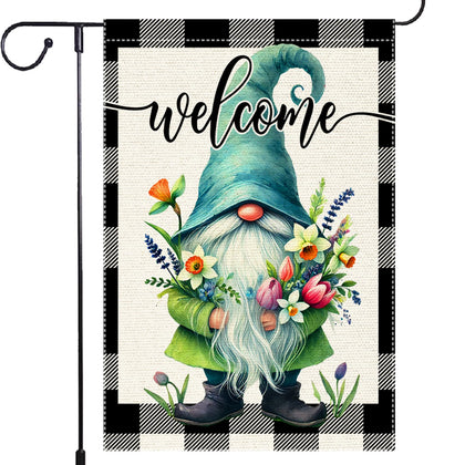 RMXJKIIU welcome flag with a blue-hat dwarf greets guests in the garden