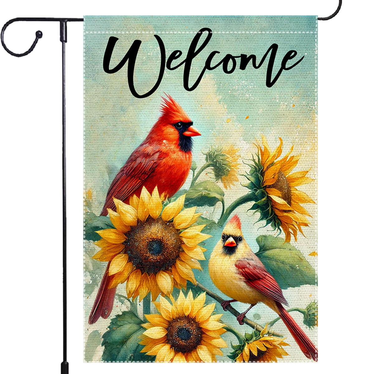 RMXJKIIU welcome flag with sunflowers and cardinals, a bright porch decor accent.