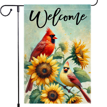 RMXJKIIU welcome flag with sunflowers and cardinals, a bright porch decor accent.