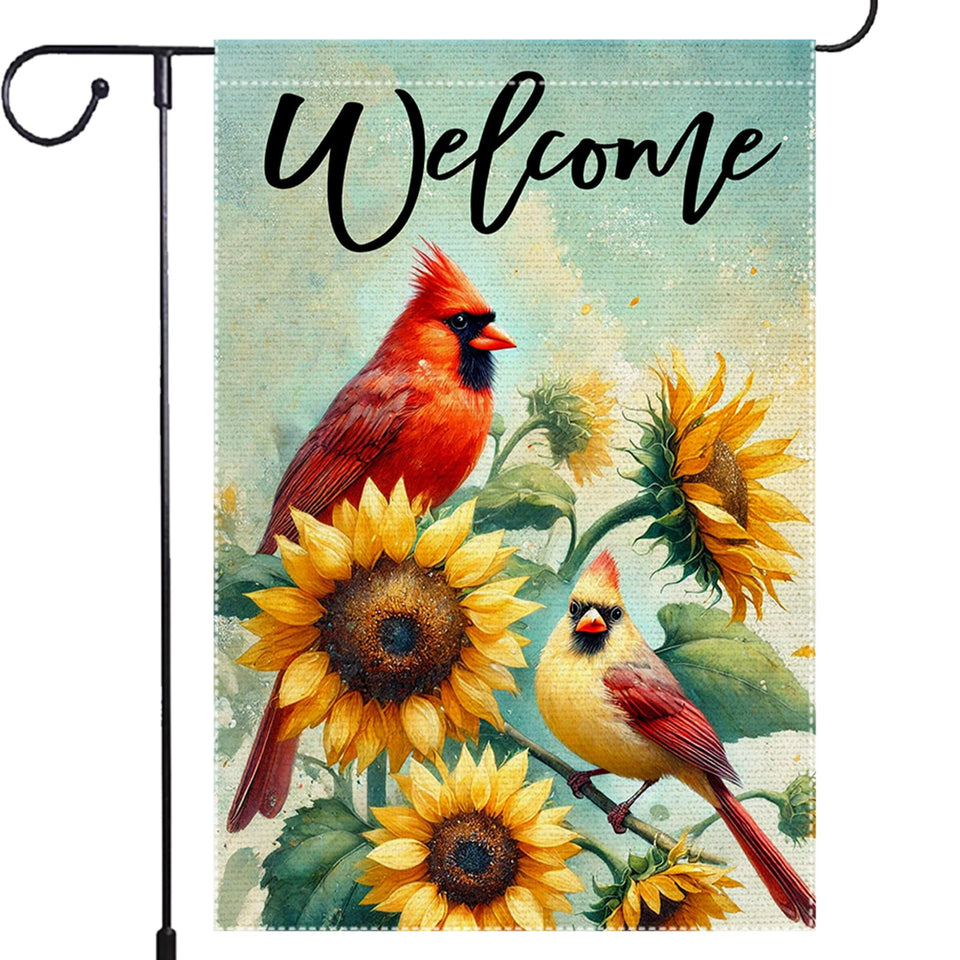 RMXJKIIU welcome flag with sunflowers and cardinals, a bright porch decor accent.