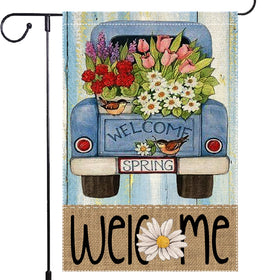 RMXJKIIU Welcome Spring flag with blue vintage truck and flowers enhances curb appeal.