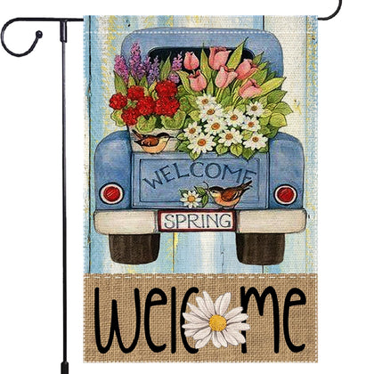 RMXJKIIU Welcome Spring flag with blue vintage truck and flowers enhances curb appeal.