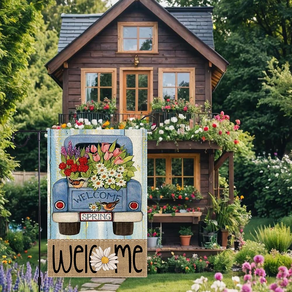 RMXJKIIU Welcome Spring flag double-sided burlap texture adds rustic outdoor charm.