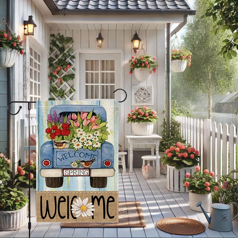RMXJKIIU Welcome Spring flag evokes warm rural charm.