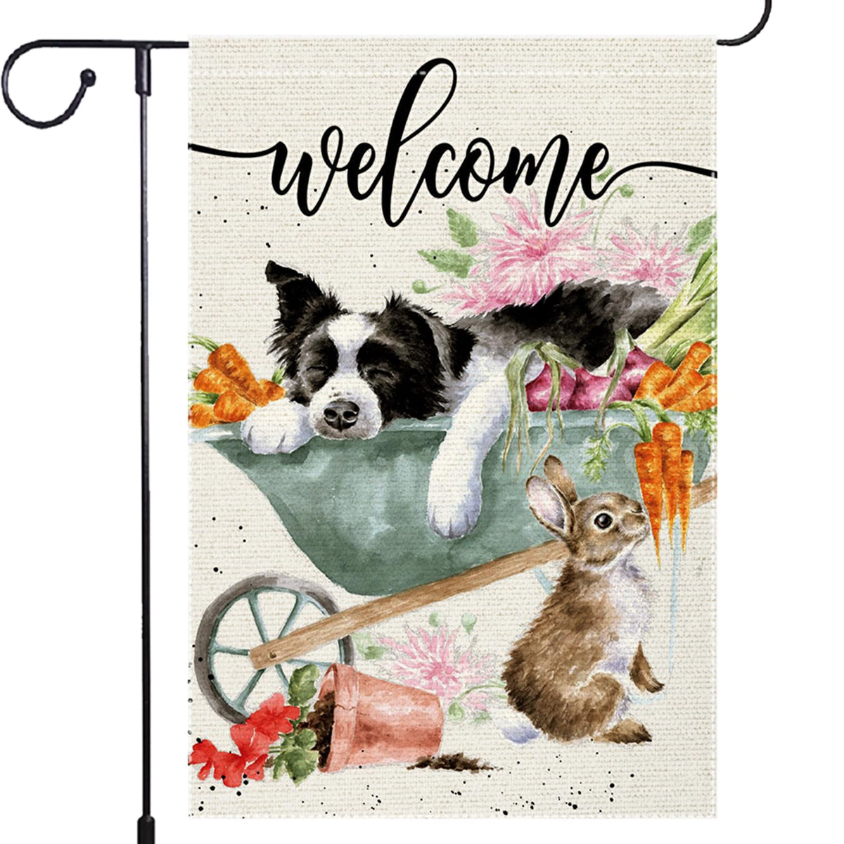 RMXJKIIU Welcome Spring garden flag with a relaxed dog in a cart, curb appeal.