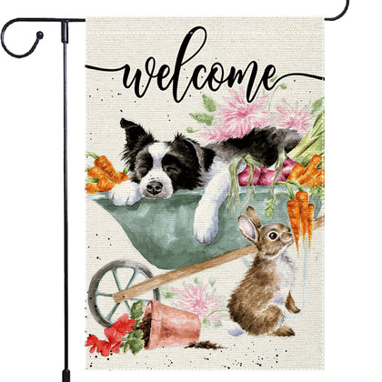 RMXJKIIU Welcome Spring garden flag with a relaxed dog in a cart, curb appeal.