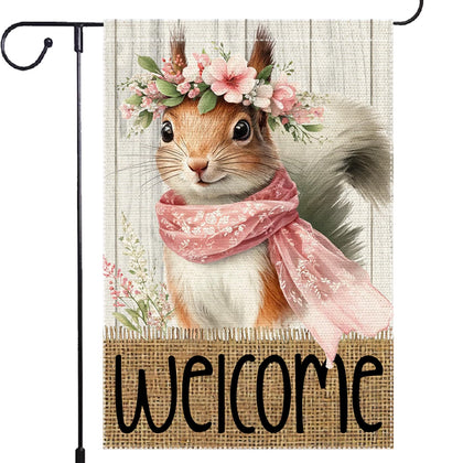 RMXJKIIU Welcome Spring Squirrel flag demonstrates outdoor curb appeal with seasonal charm.