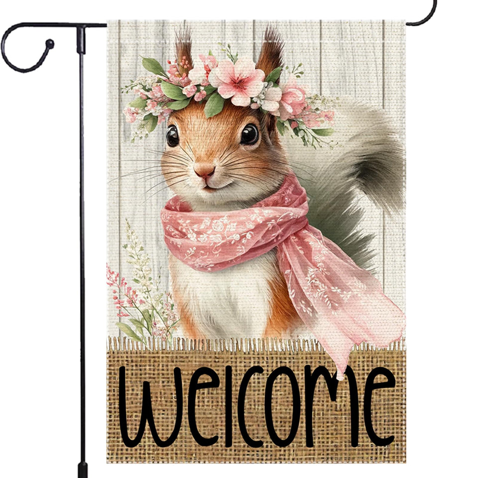 RMXJKIIU Welcome Spring Squirrel flag demonstrates outdoor curb appeal with seasonal charm.