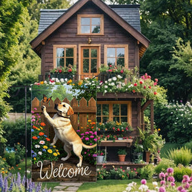 RMXJKIIU Wooden Fence and Trees Flag frames a rustic garden scene.