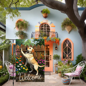 RMXJKIIU Yellow Labrador Butterfly Flag captures playful yard moments for guests.