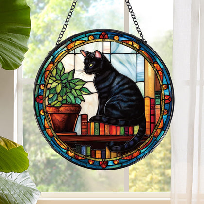 Rngmsi Black Cat stained glass window hanging brightens indoor decor.