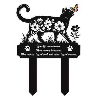 Rngmsi cat grave marker stake with floral butterfly design for outdoor remembrance.