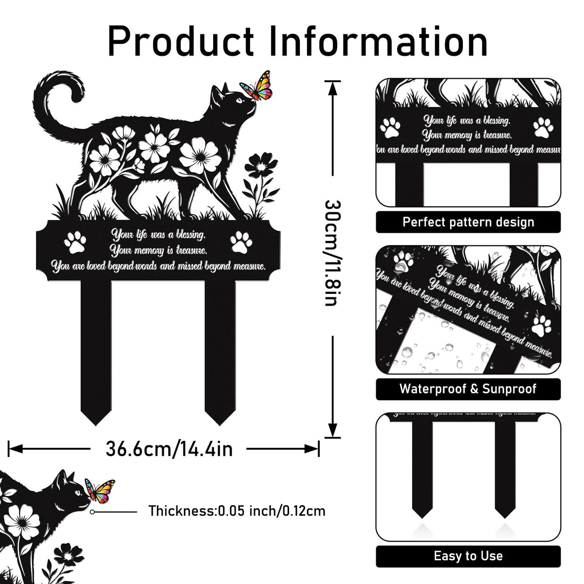 Rngmsi outdoor cat memorial stake secures firmly in soil for garden memorials.