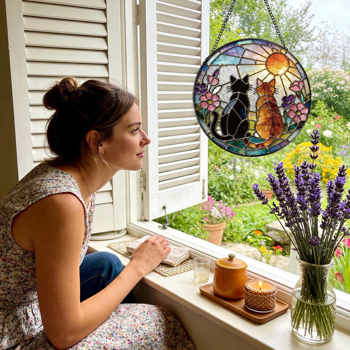 Rngmsi cat sun catcher with hook and chain for easy hanging.