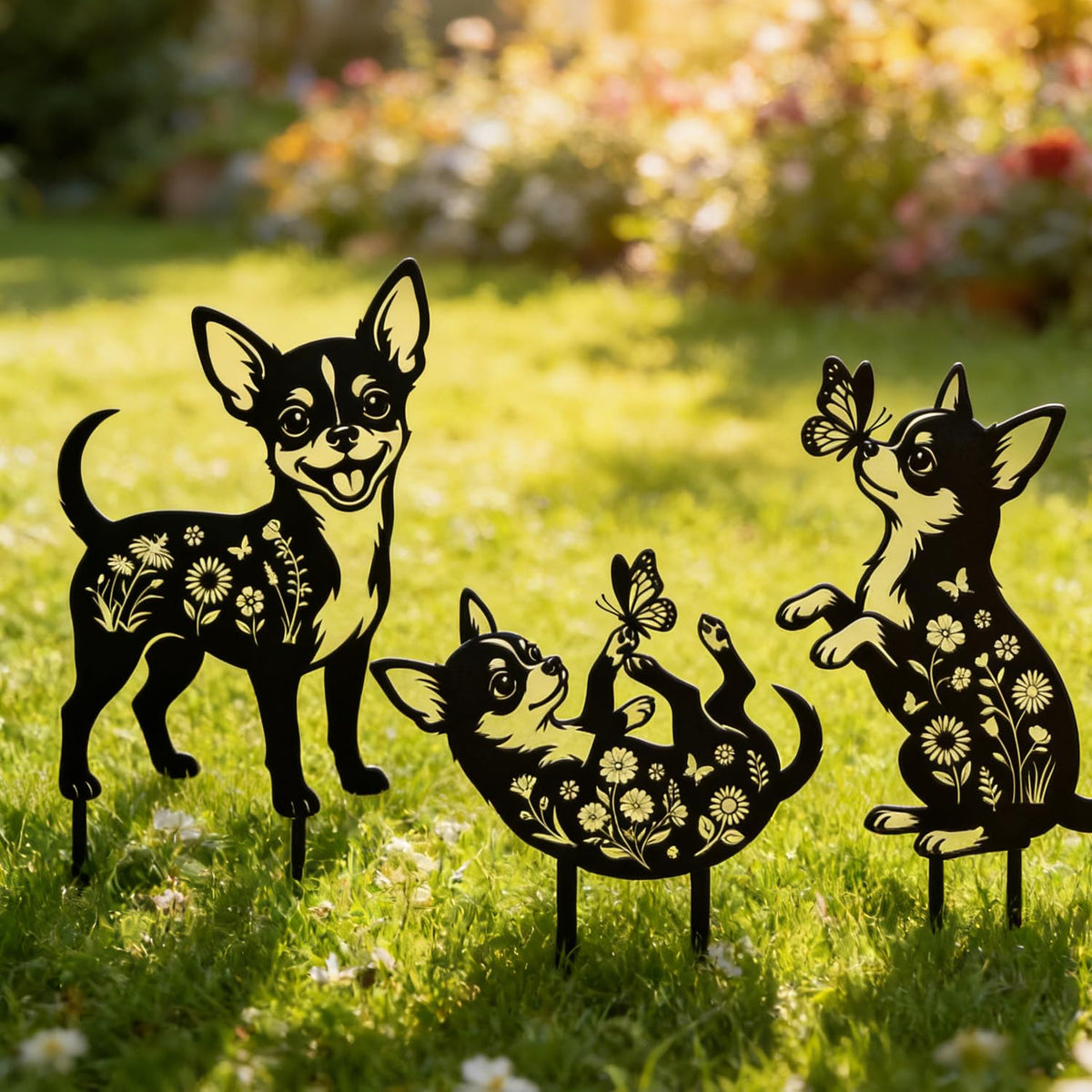 Rngmsi Chihuahua garden stake with varied poses for pathways