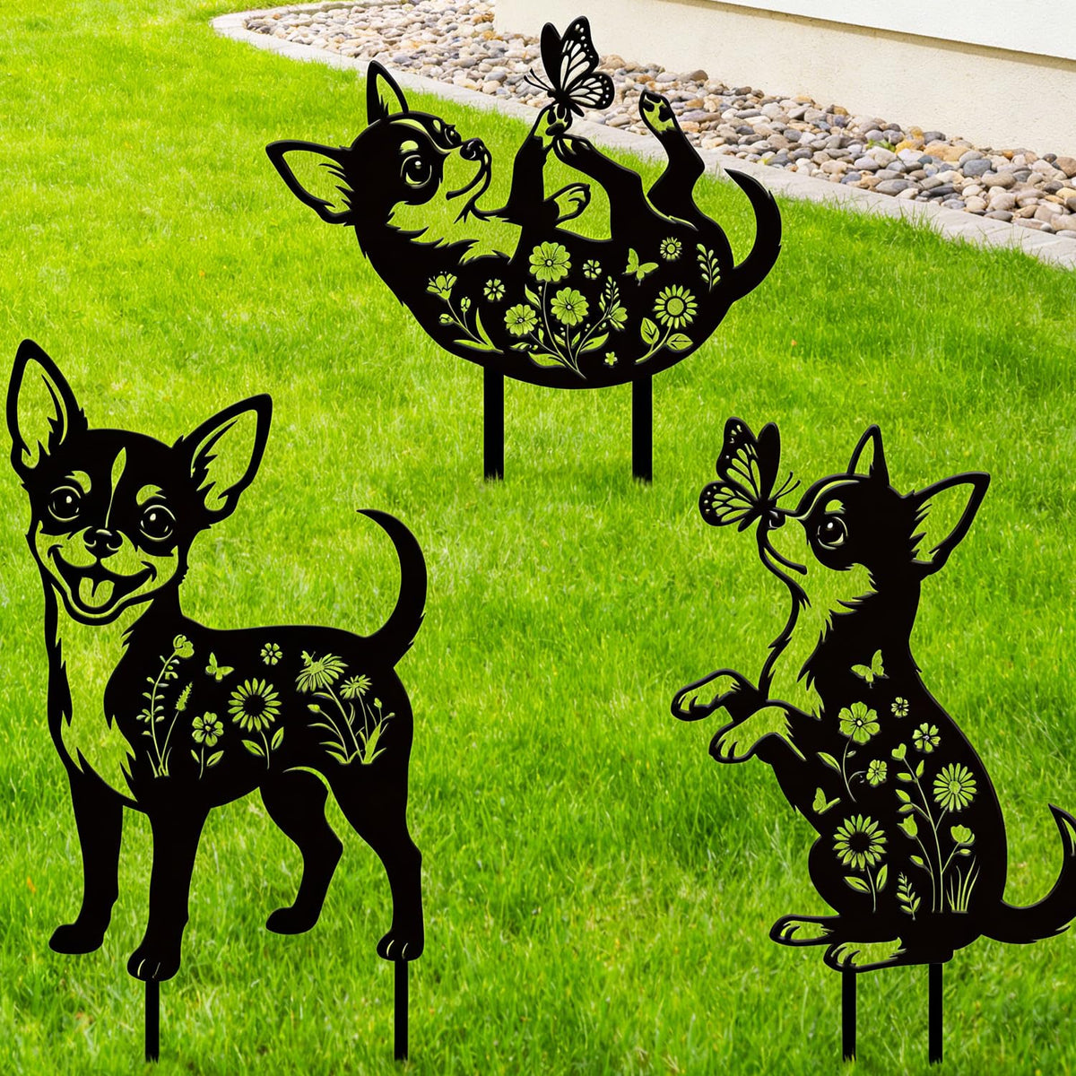 Rngmsi Chihuahua yard art stakes along flower beds