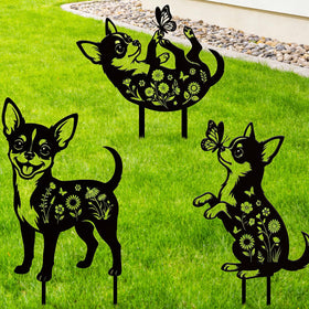 Rngmsi Chihuahua yard art stakes along flower beds