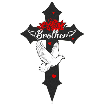 Rngmsi cross cemetery decor stake with dove and roses honoring a brother outdoors