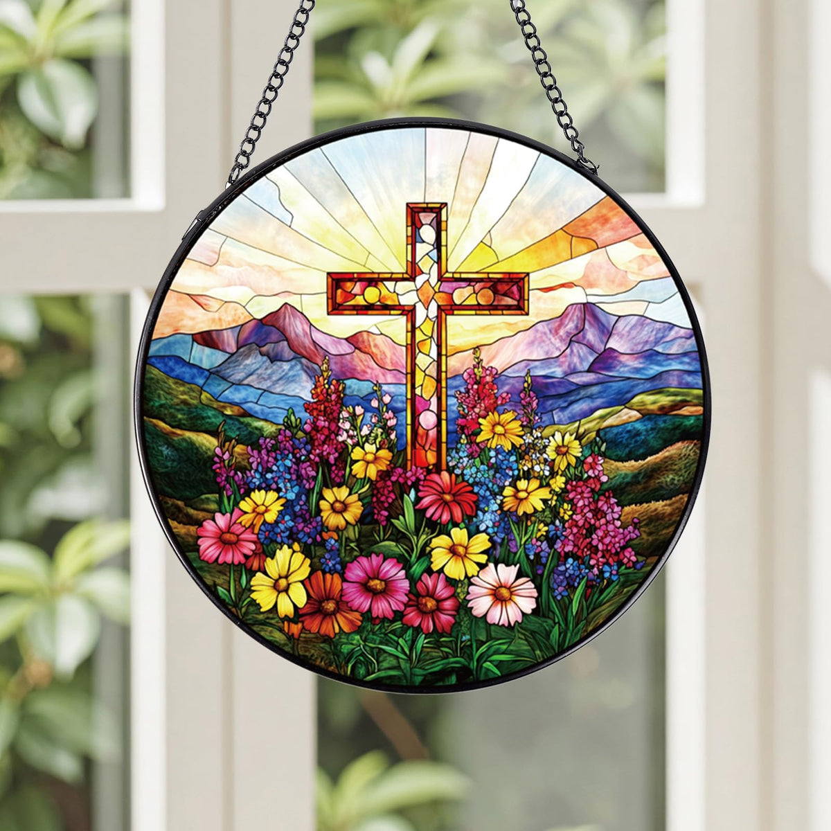 Rngmsi cross stained glass sun catcher with wildflowers brightens indoor windows.