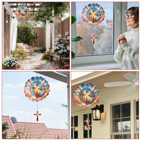 Rngmsi Cross Wind Spinner mounted on patio for backyard decor
