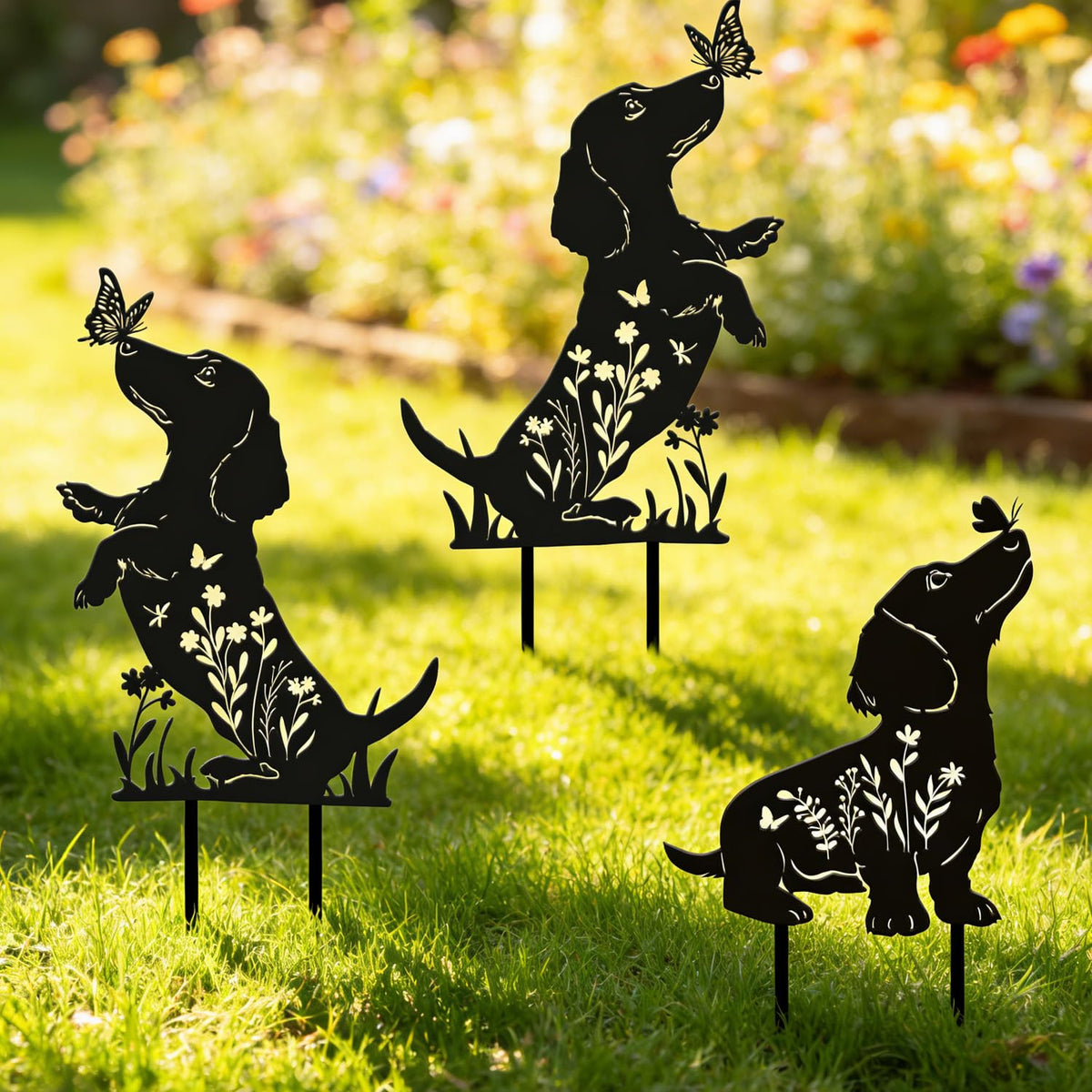 Rngmsi dachshund stake along garden borders for warm ambiance
