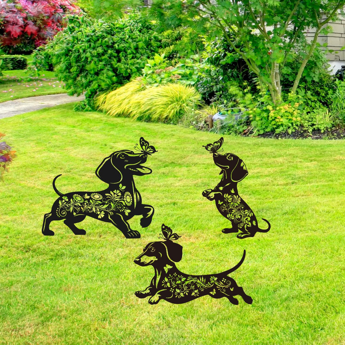 Rngmsi dachshund decor stakes along a path for whimsical charm