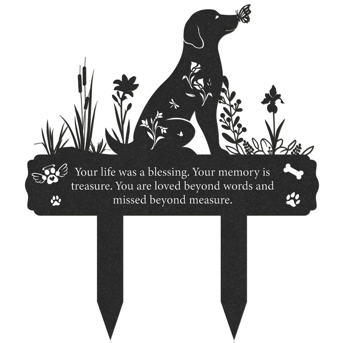 Rngmsi grave-marker-dog-silhouette outdoors, durable memorial for a beloved pet.