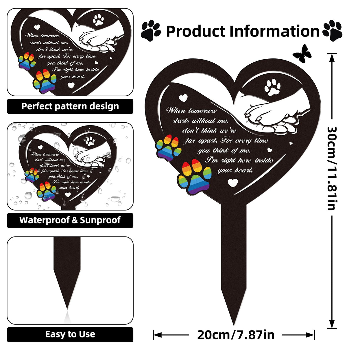 Rngmsi heart-shaped pet grave marker with colorful paw prints, expresses love and remembrance