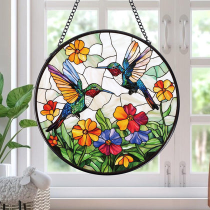 Rngmsi hummingbird stained glass window detail brightens space with color.