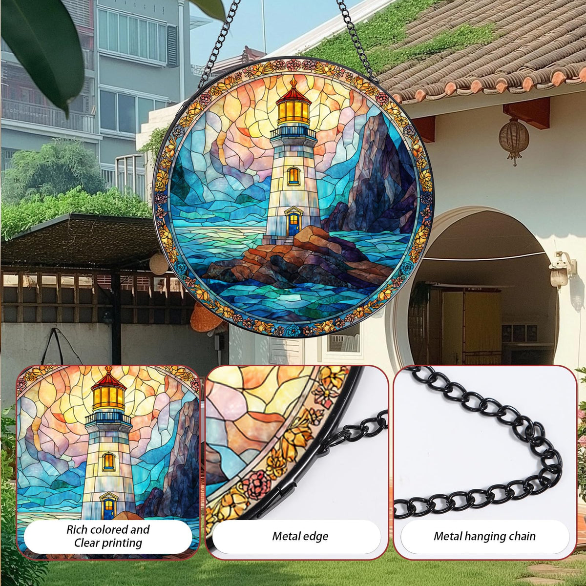 Rngmsi lighthouse stained glass with sunset hues brightens indoor or garden areas