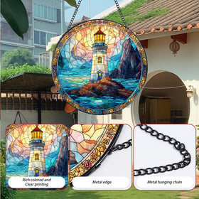 Rngmsi lighthouse stained glass with sunset hues brightens indoor or garden areas