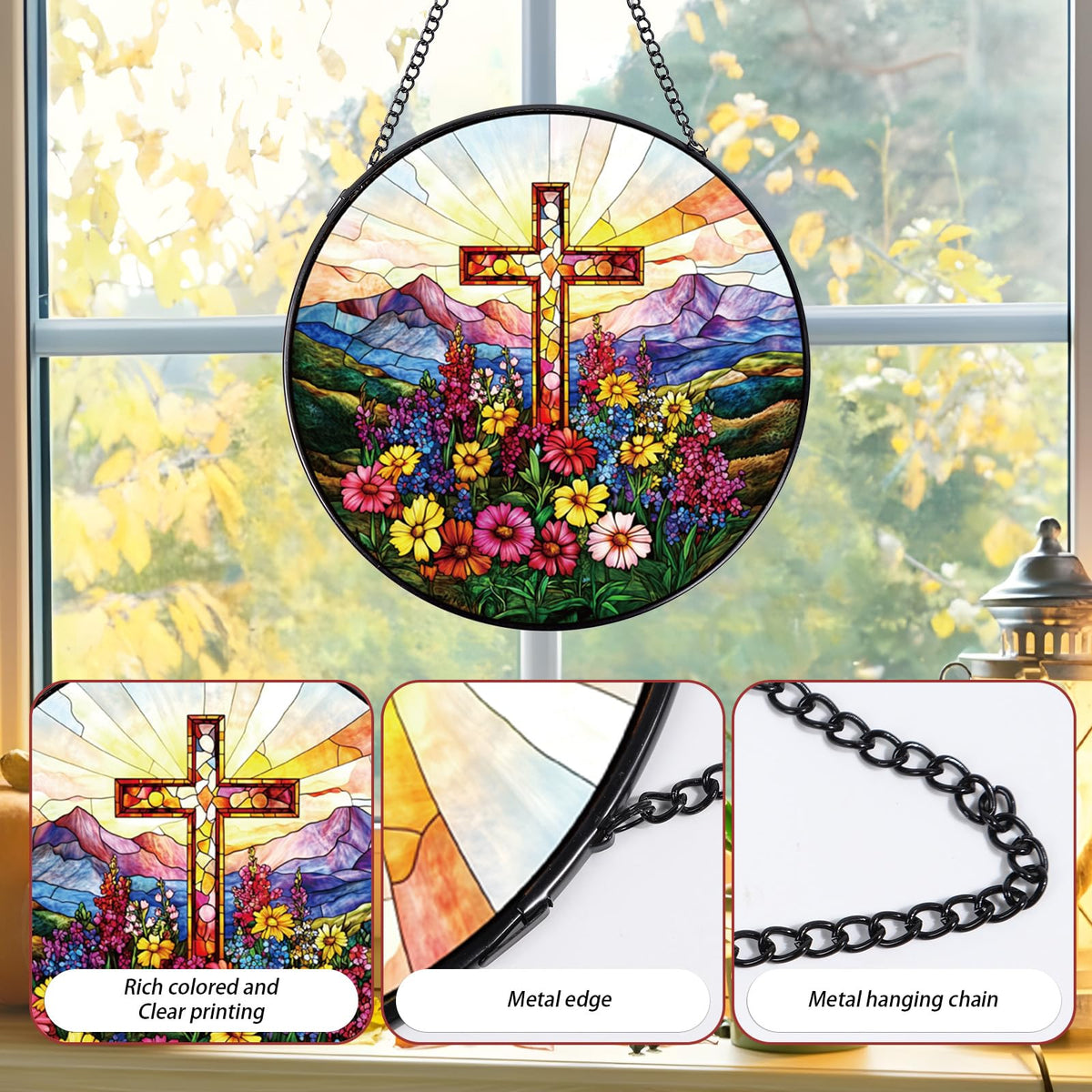 Rngmsi sun catcher hangs from a metal chain for easy display.