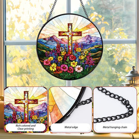 Rngmsi sun catcher hangs from a metal chain for easy display.
