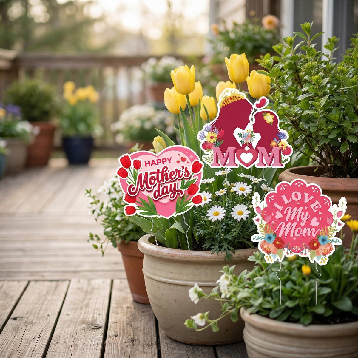 Rngmsi Mothers Day stake heart pattern brightens flower bed edges.