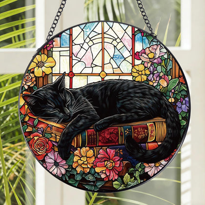Rngmsi stained-glass cat sun catcher brightens windows with colorful light.