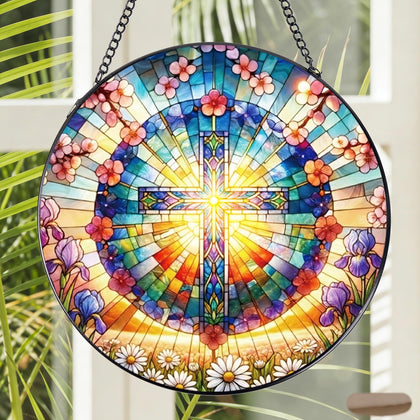 Rngmsi stained glass cross flower sun catcher brightens windows with colorful light.