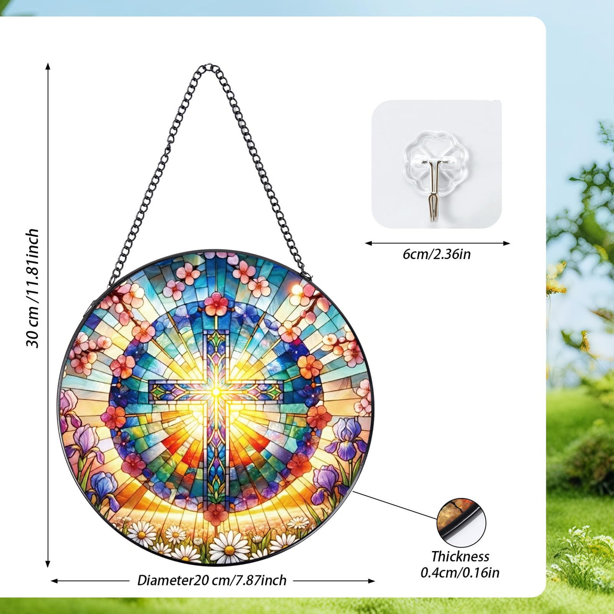 Rngmsi cross and flower sun catcher enhances indoor decor with sunlit warmth.