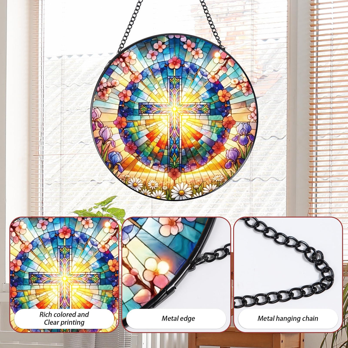 Rngmsi stained glass sun catcher creates soft rainbow glows on walls.
