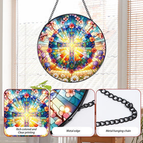 Rngmsi stained glass sun catcher creates soft rainbow glows on walls.