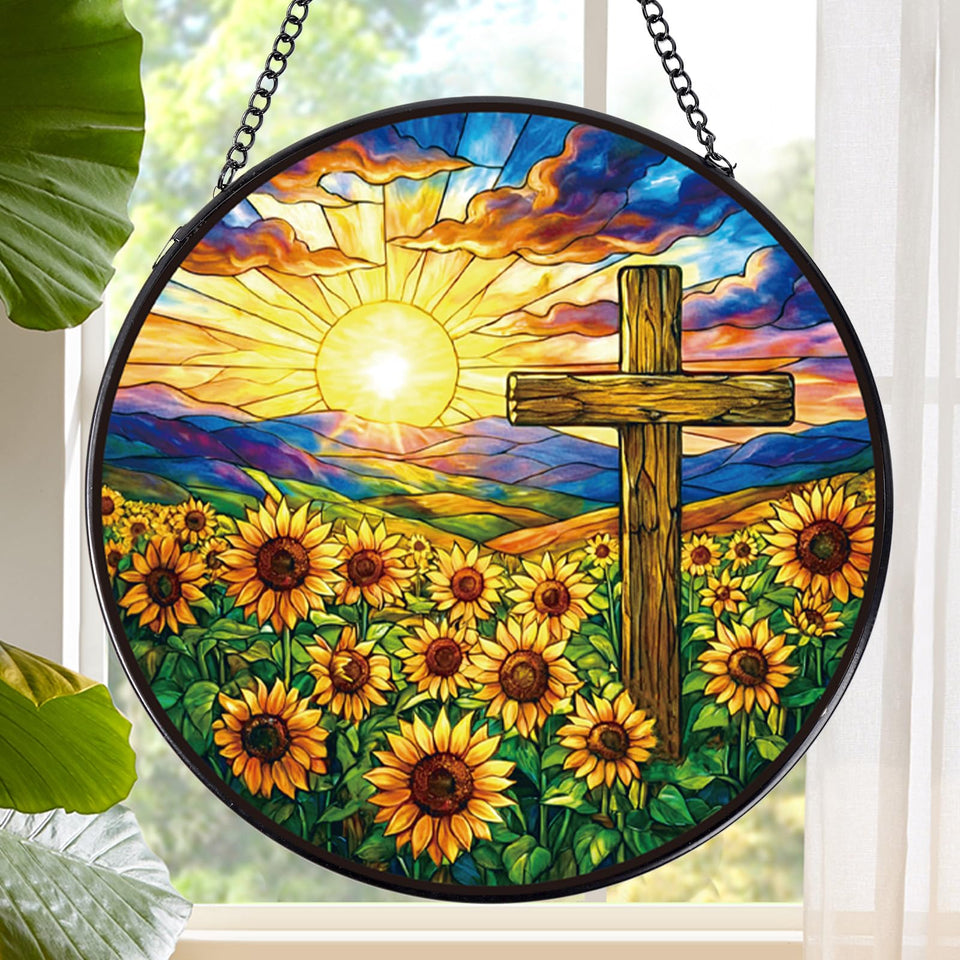 Rngmsi stained glass cross sunflowers 8 inch captures sunlight for a warm window display