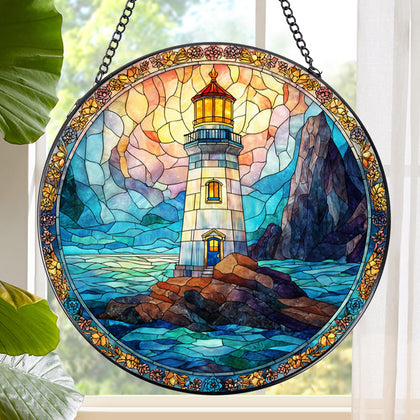 Rngmsi Pauyadu Lighthouse sun catcher casts colorful light through a window for a serene space