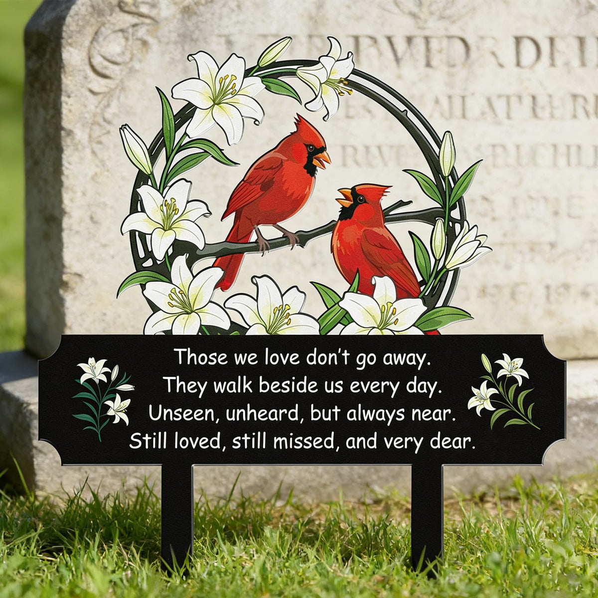 Rngmsi two-cardinal scene marks remembrance at funerals or garden memorials.