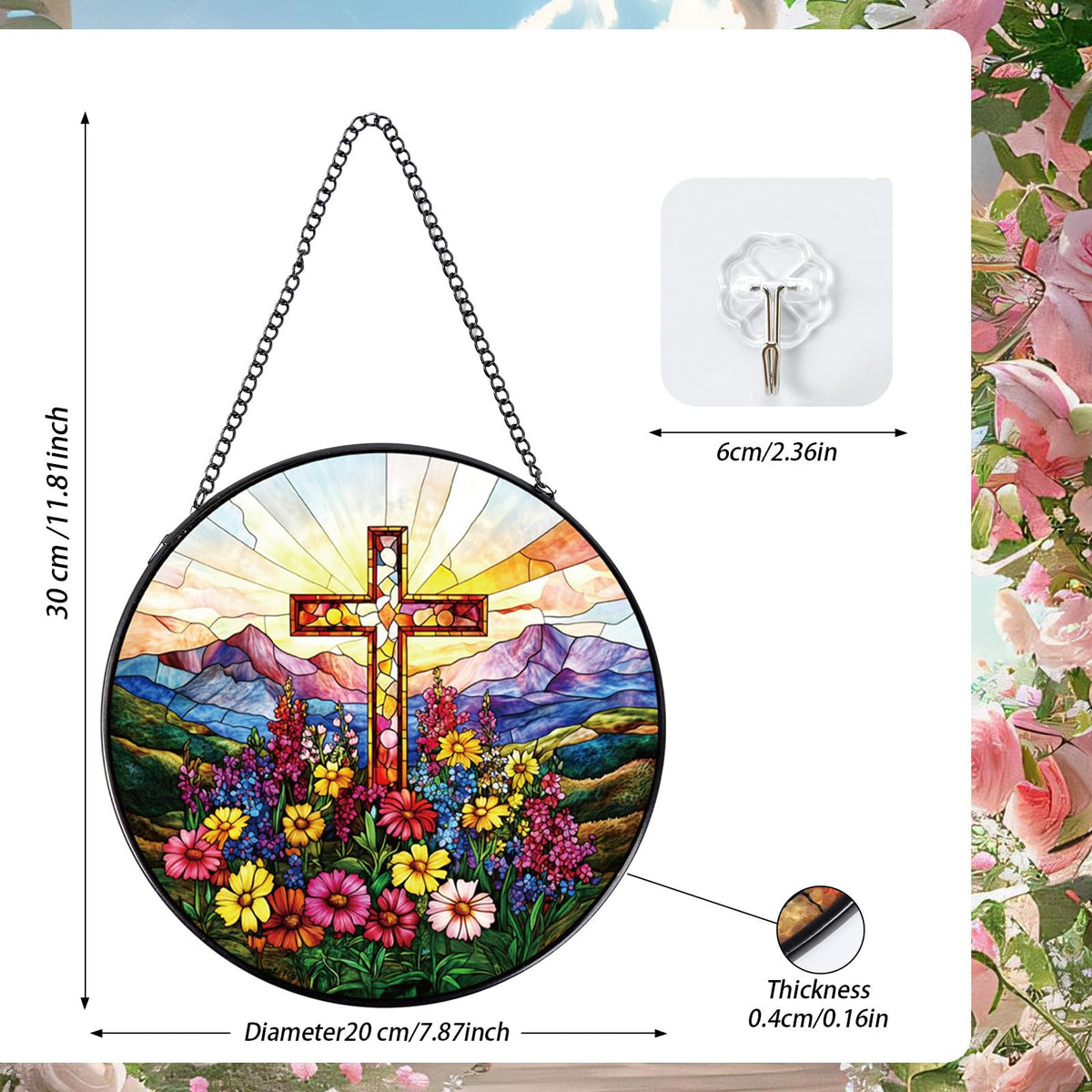Rngmsi wildflowers cross sunset stained glass adds colorful window charm.
